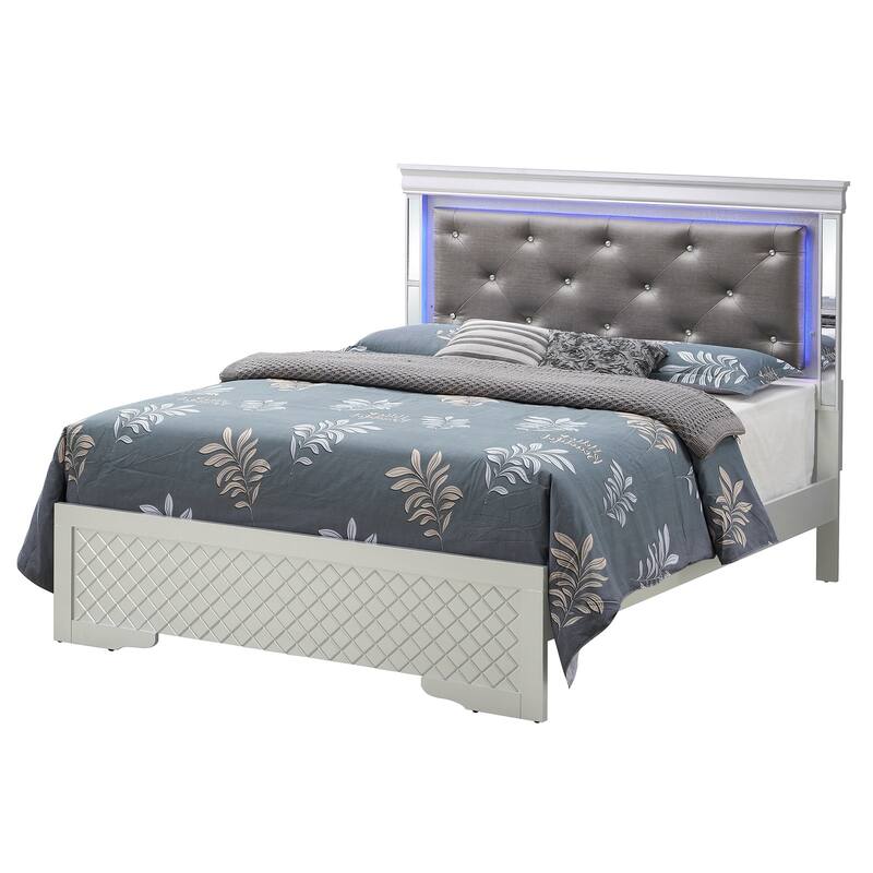 Jewel Tufted Queen Panel Bed with LED Lights - 85" - Silver Champagne and Black