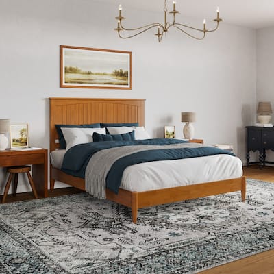 Queen Size Wood Platform Bed - Low Profile Modern Bed Frame with USB Ports & Headboard