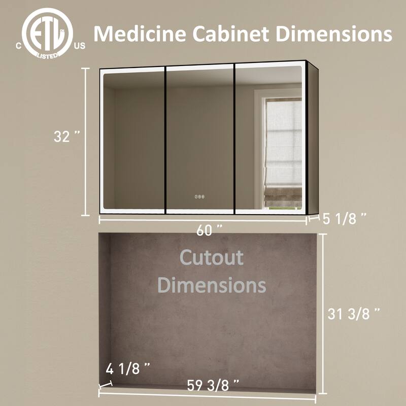 Grand Aluminum Medicine Cabinet with Mirror, Adjustable Shelves, Dimmable Light, Anti-Fog, Recessed or Wall Mount