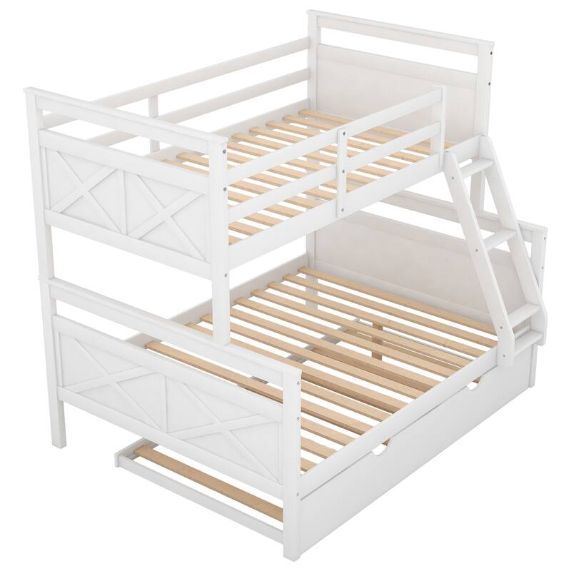 Twin over Full Bunk Bed with Ladder, Twin Size Trundle, Safety Guardrail, White and Grey