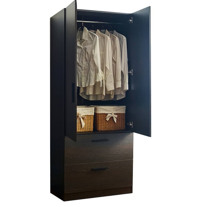 Beak 2 Door Standing Closet, 2 Drawers and Hanging Bars, Farmhouse Brown