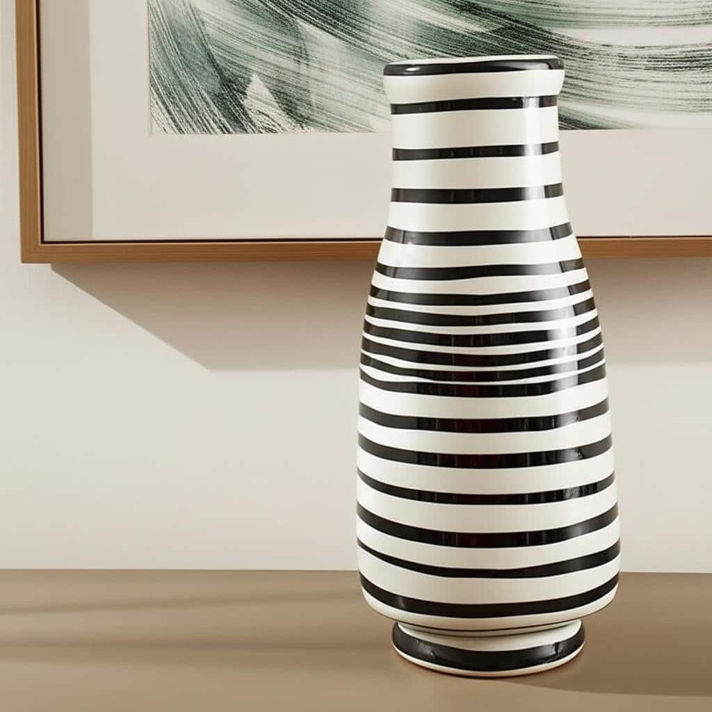 18" Black And White Hand Painted Stripe Ceramic Table Vase - 10.20