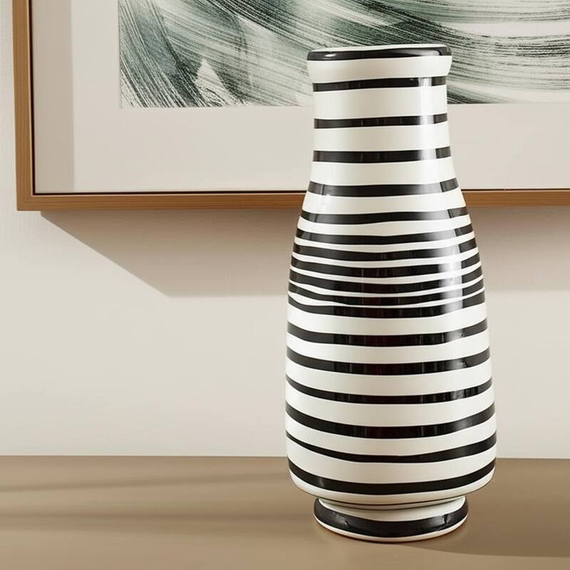 18" Black And White Hand Painted Stripe Ceramic Table Vase - 10.20 - White/Black - 10.20