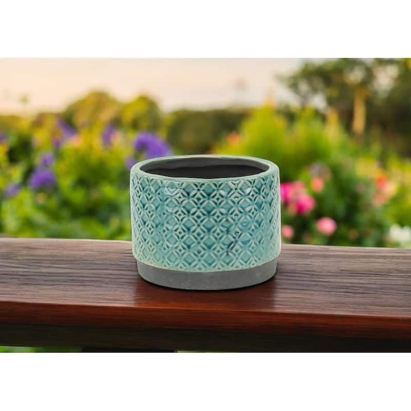 HomeRoots 7" Turquoise Geometric Ceramic Indoor Outdoor Round Pot Planter - Turquoise