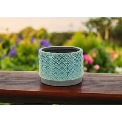 HomeRoots 7" Turquoise Geometric Ceramic Indoor Outdoor Round Pot Planter