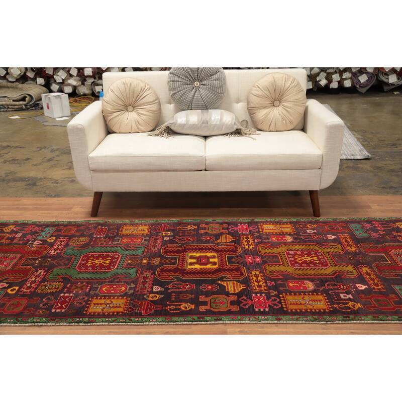 Hand Knotted Oriental 100% Wool Carpet Traditional Tribal Purples Ardebil Runner Rug - 9' 6'' X 3' 5''