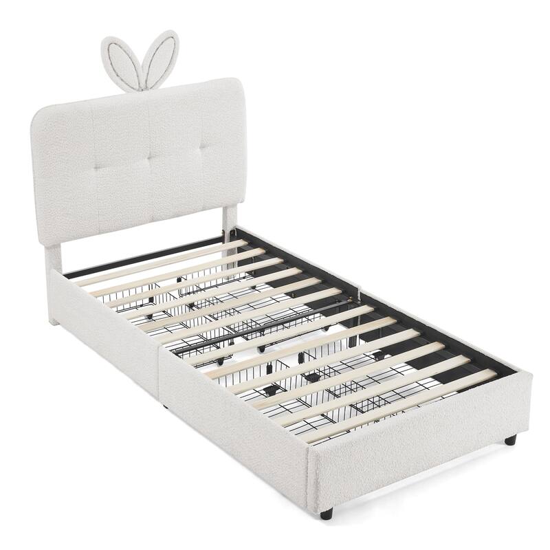 Kids Boucle Upholstered Bed with Rabbit Ear Headboard, LED Music Sync & 4 Drawers