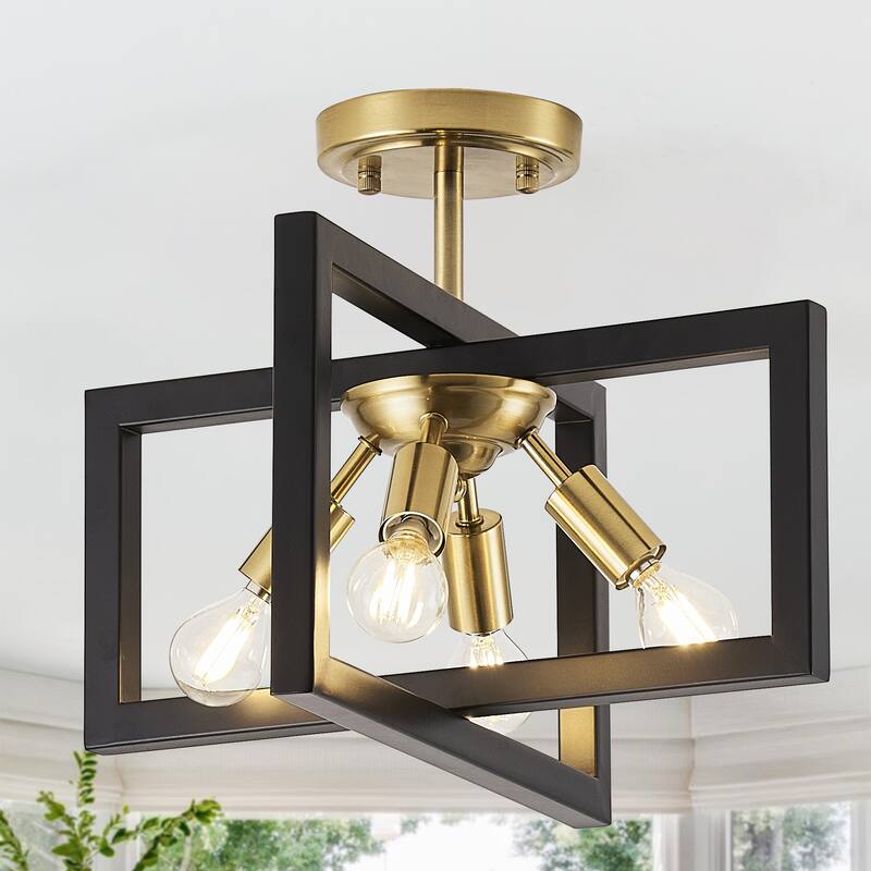 14.5-inch stylish metal semi-recessed 4-light ceiling lamp with horizontally rotating frame - Black and Gold