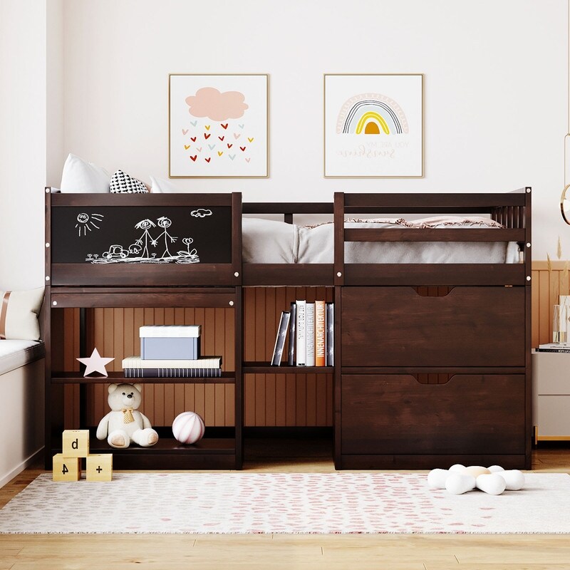Low Loft Bed with Rolling Desk Shelf and Drawers Twin Loft Bed