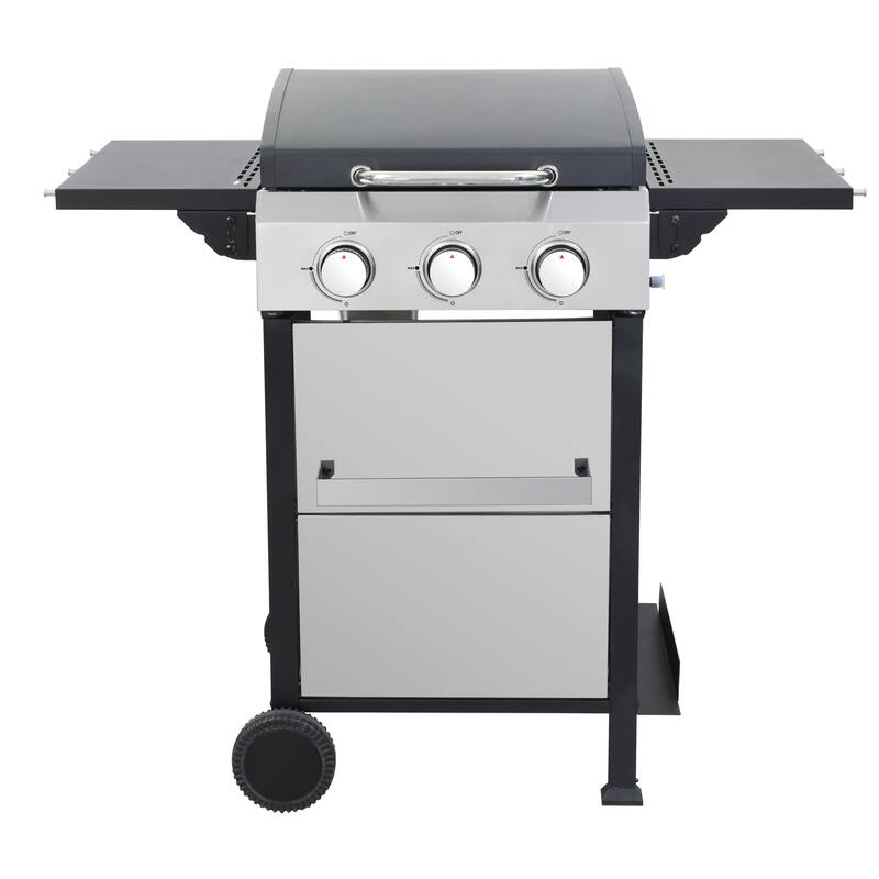 3-Burner Propane Gas BBQ Grill with Wire Enamel Cooking Grids and Foldable Side Table, Hanging Basket for Outdoor Barbecue
