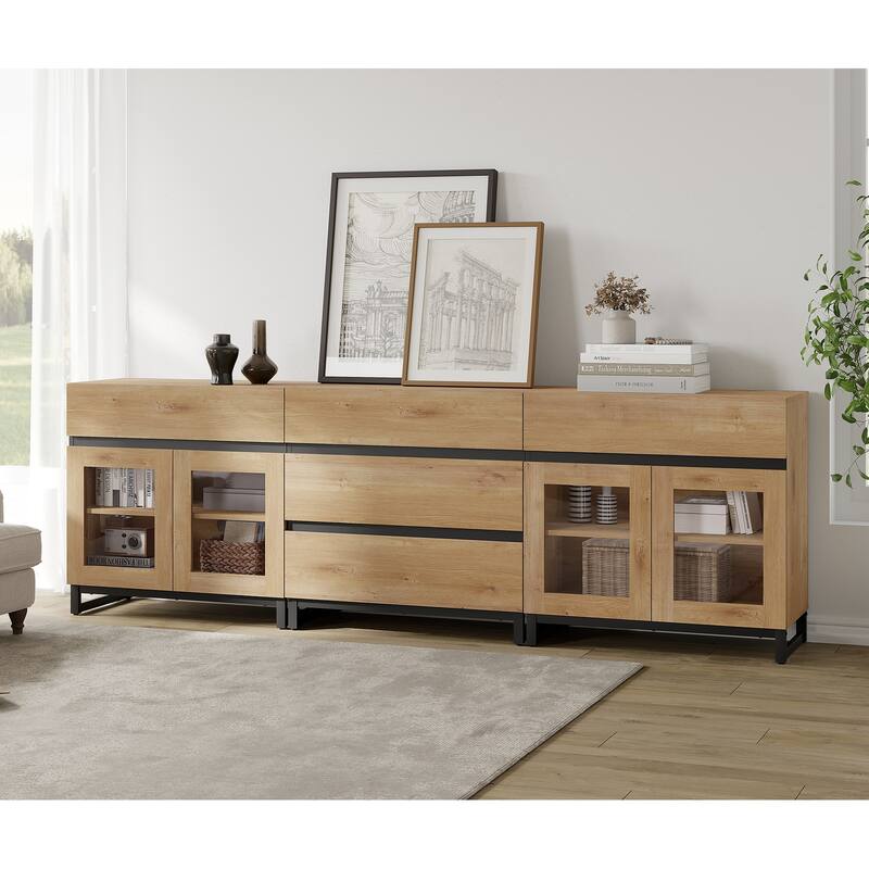 WAMPAT 3 in 1 Multifunctional Dresser with Glass Doors and 5 Drawers, Modern Chest of Drawers for Bedroom