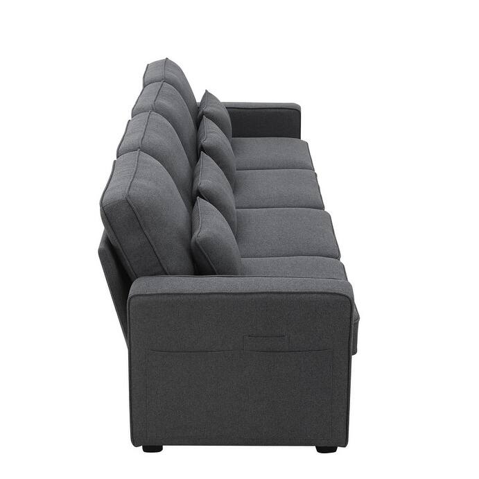 104"Upholstered Sofa Couch with Armrest Pockets and 4 Pillows, 4-Seater Modern Linen Fabric Sofa Minimalist Style Couches
