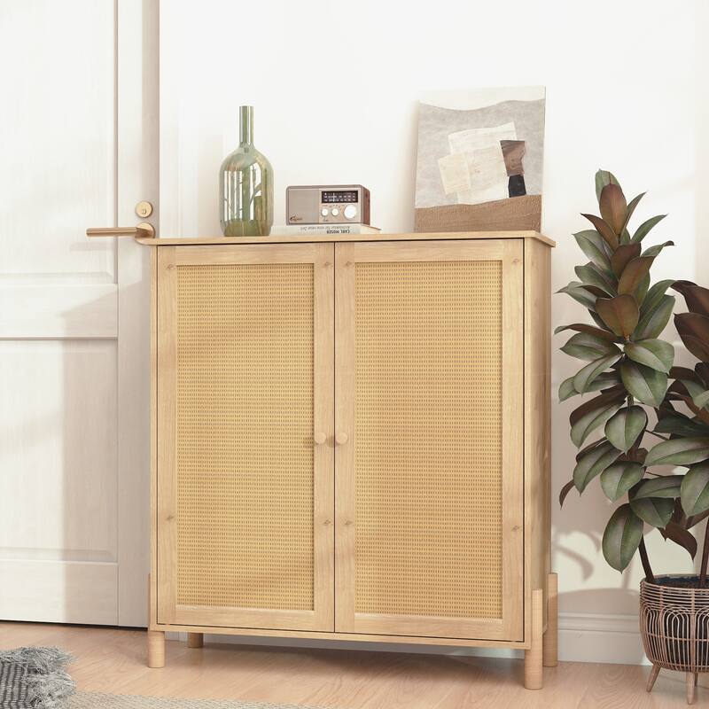 Mid-Century Inspired Storage Unit Featuring Woven Rattan Doors And Customizable Shelving, Designed For Versatile.