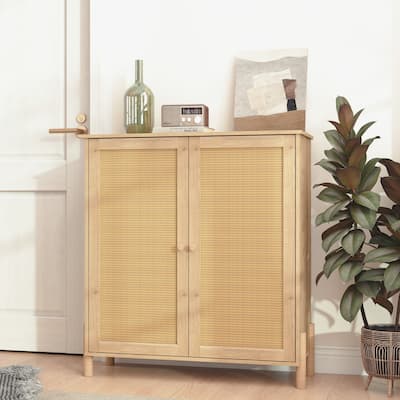 Mid-Century Modern Storage Cabinet with Woven Rattan Doors & Adjustable Shelves