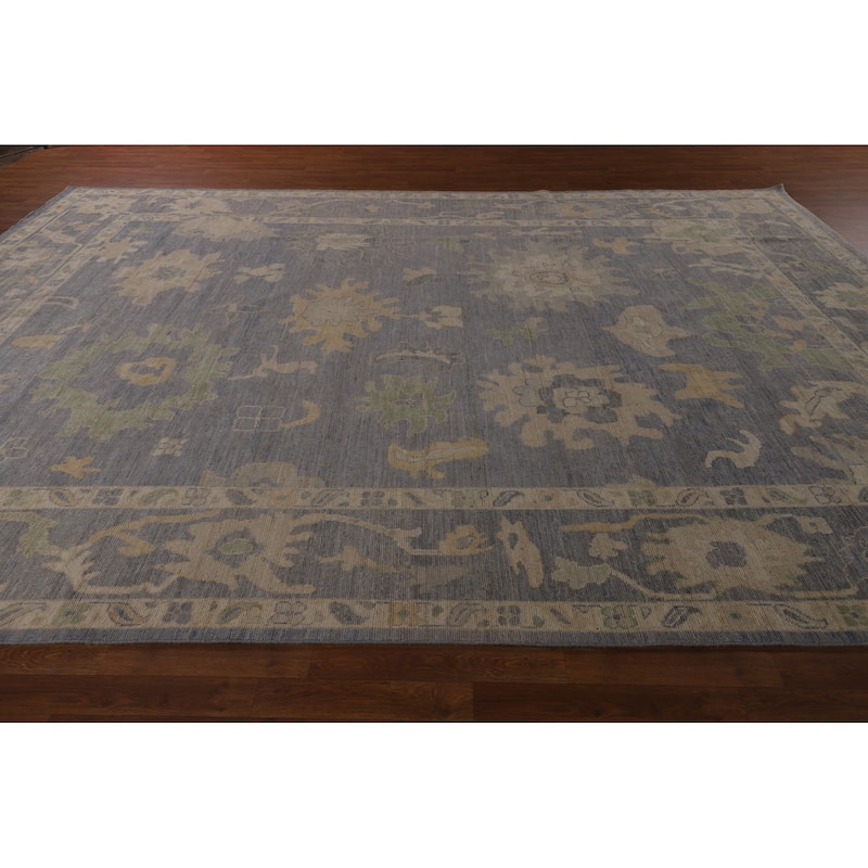 Blue Floral Oushak Turkish Large Rug Hand-Knotted Wool Carpet - 9'11"x 14'0"