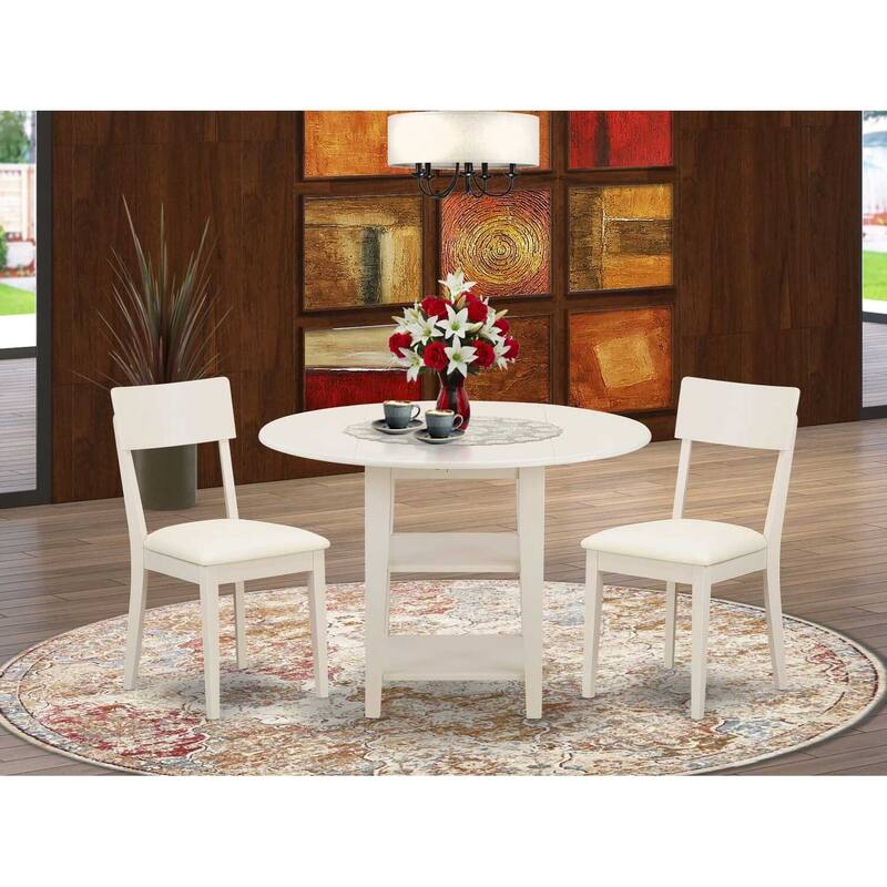 HomeStock 3-Piece Linen White Finish Round Solid Wood Top Dining Table Set