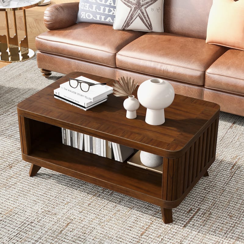 41.5" Rectangular Coffee Table, Solid Wood Fluted Coffee Table 2 Tier Storage Center Table Tea Table with Open Shelf