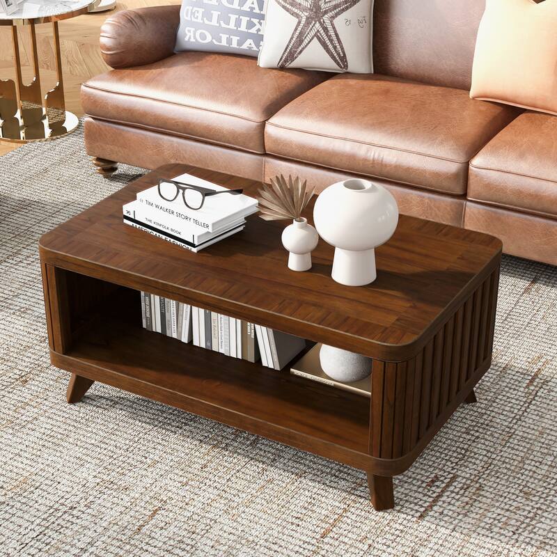 Solid Wood Coffee Table Rectangular Center Table with Open Storage Shelf, Smooth Curved Edge and Vertical Groove Design - Espresso