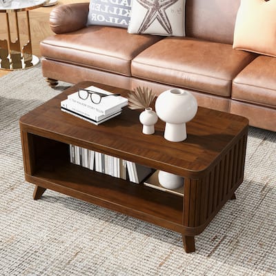 Solid Wood Coffee Table Rectangular Center Table with Open Storage Shelf, Smooth Curved Edge and Vertical Groove Design