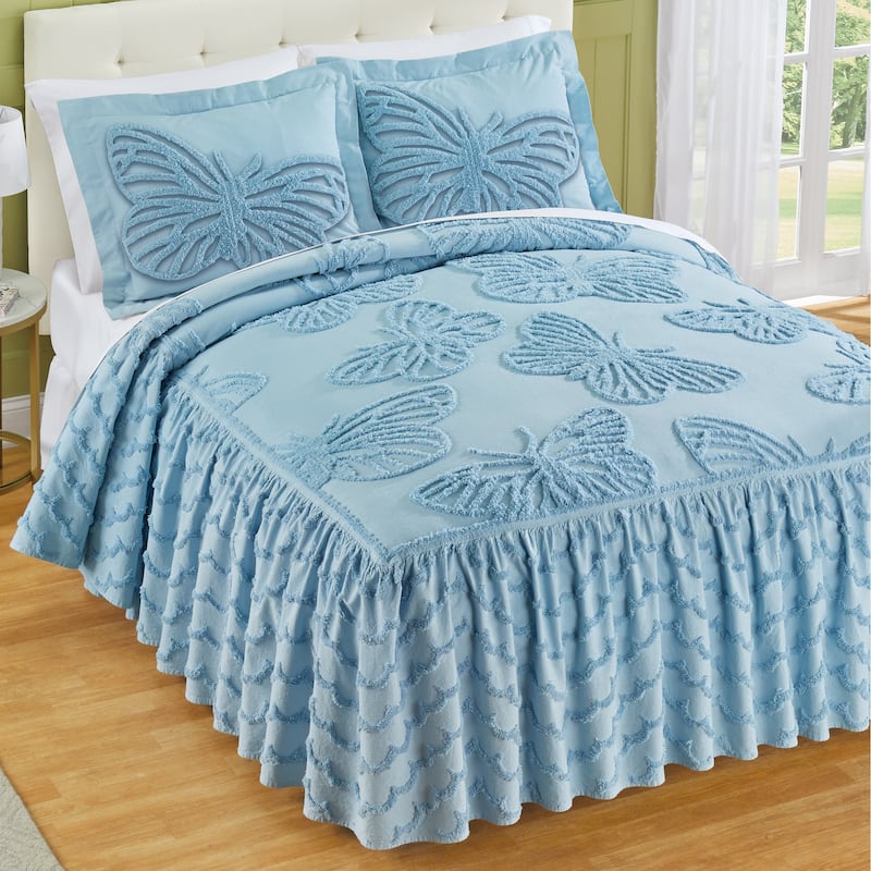 Butterfly Textured Chenille Ruffled Border Bedspread - Blue - Twin