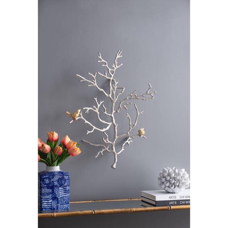 Modern Metal Branch Wall Decor Set of 2 with Bird Accents, for Living Room Office and Entryway Decor