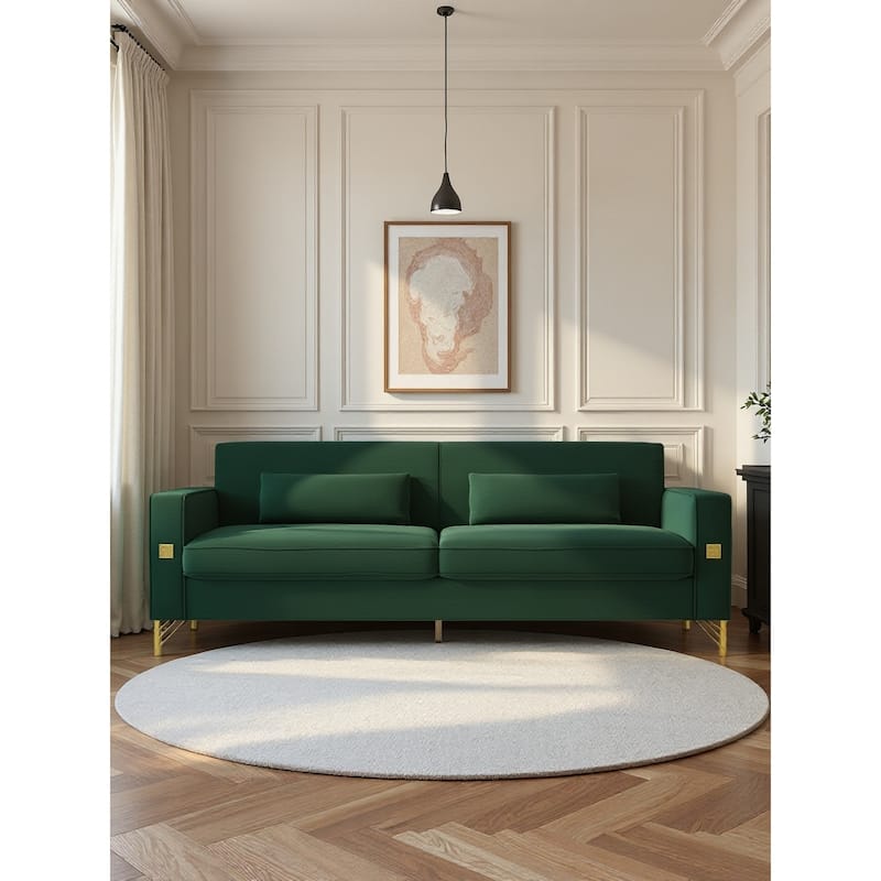 Roomfitters Mid-Century Modern Upholstered Sofa with Gold Metal Legs and Square Arms, Elegant Couch for Living Room