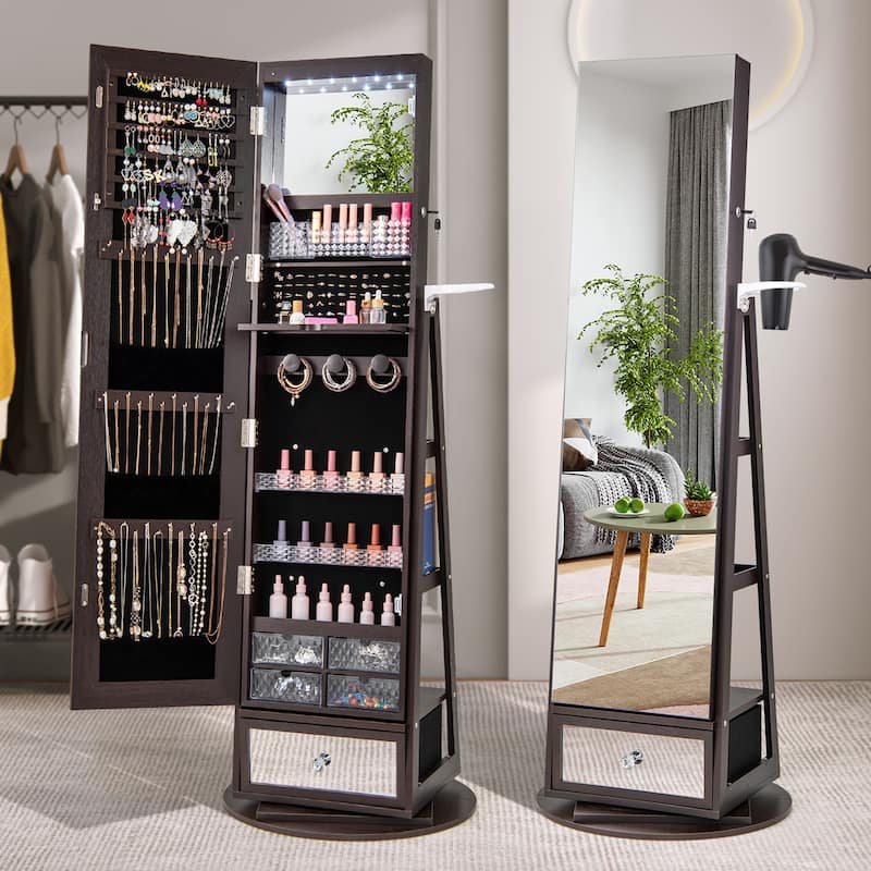 Gymax Swivel Jewelry Cabinet w/ Mirror Jewelry Storage Organizer