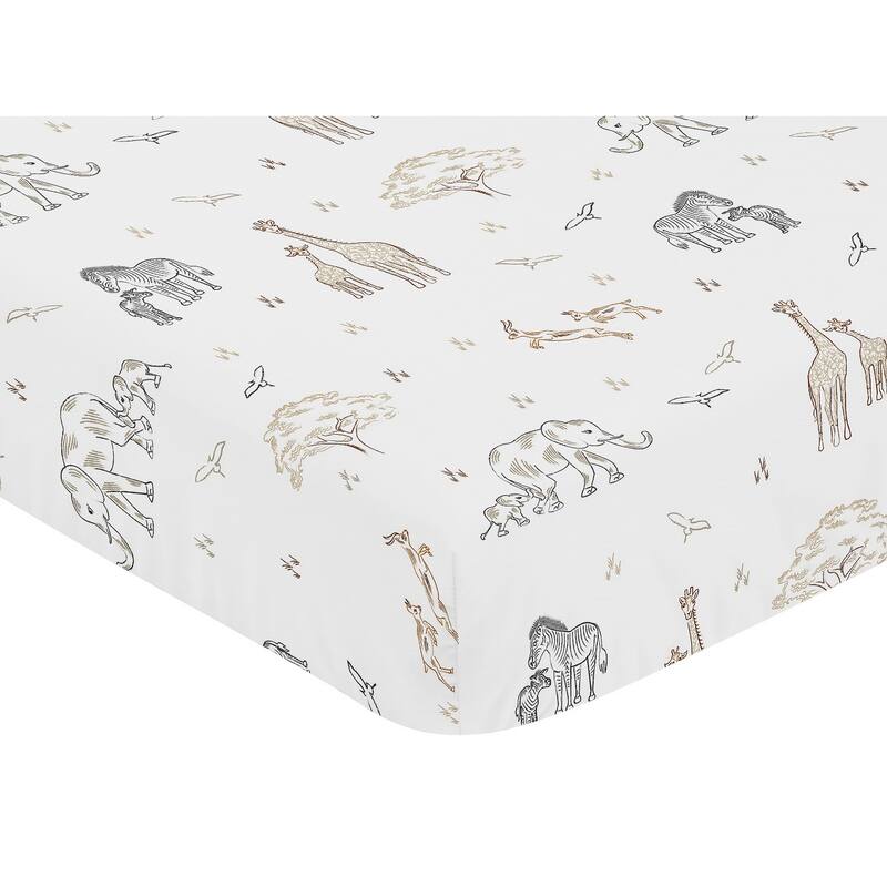 Jungle Safari Animals Boy Girl Fitted Crib Sheet Taupe Black White Gender Neutral Elephant Giraffe Wildlife Adventure Serengeti