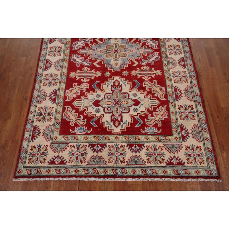 Geometric Red Kazak Oriental Rug Hand-Knotted Oriental Wool Carpet - 4'1" x 6'7"