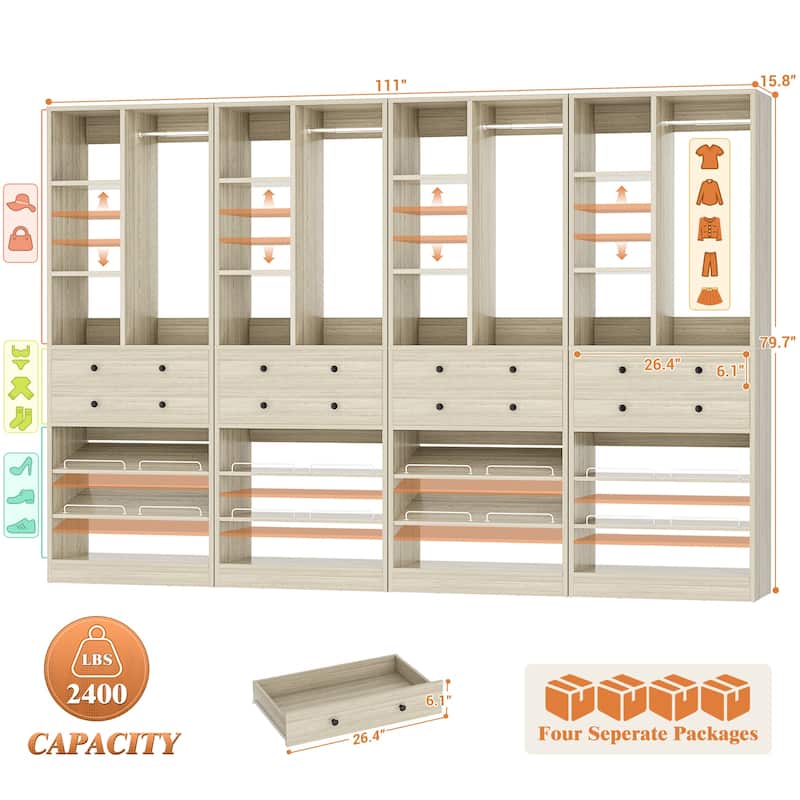 27.7'' Closet Organizer with Shoe Racks and Drawers, Closet System with Hanging Rod and Adjustable Shelves