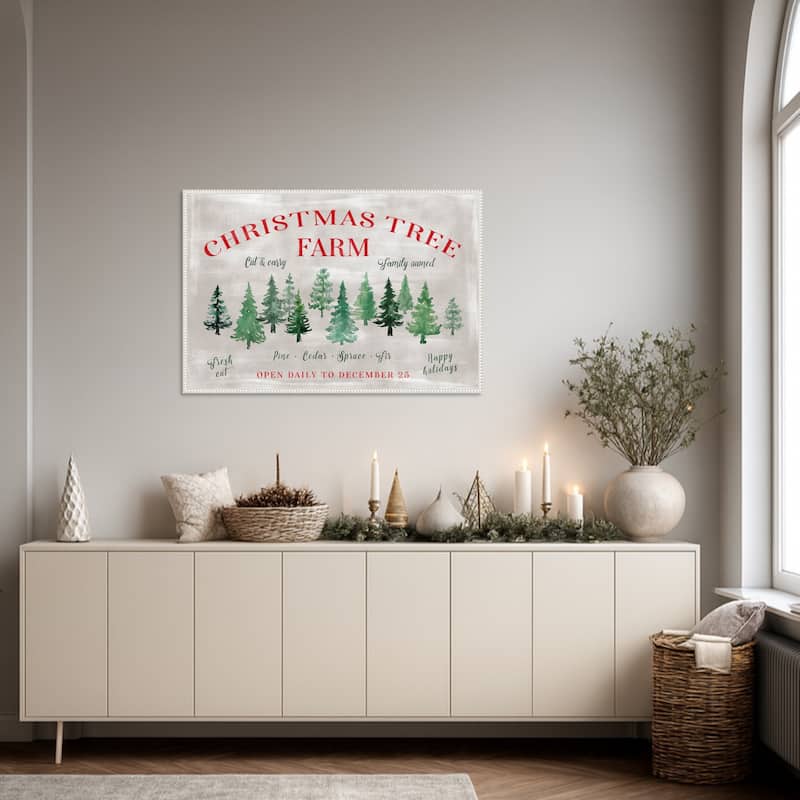 Christmas Tree Farm Sign by Rosana Laiz Blursbyai Framed Canvas Wall Art Print - Sylvie Beaded White