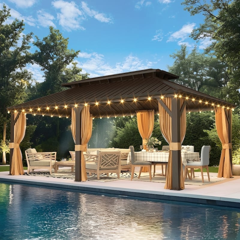Outdoor Hardtop Gazebo with Galvanized Steel Double Roof & Aluminum Frame, Outdoor pergola with Premium Curtains and Nettings - 12'x20' - Clearance Prime