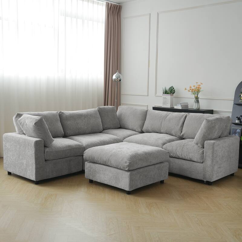 100" Oversized Modular Sectional Sofa, V Shape Cloud Couch Deep Seat Sofa with Ottoman, Cushion Covers Removable - Grey