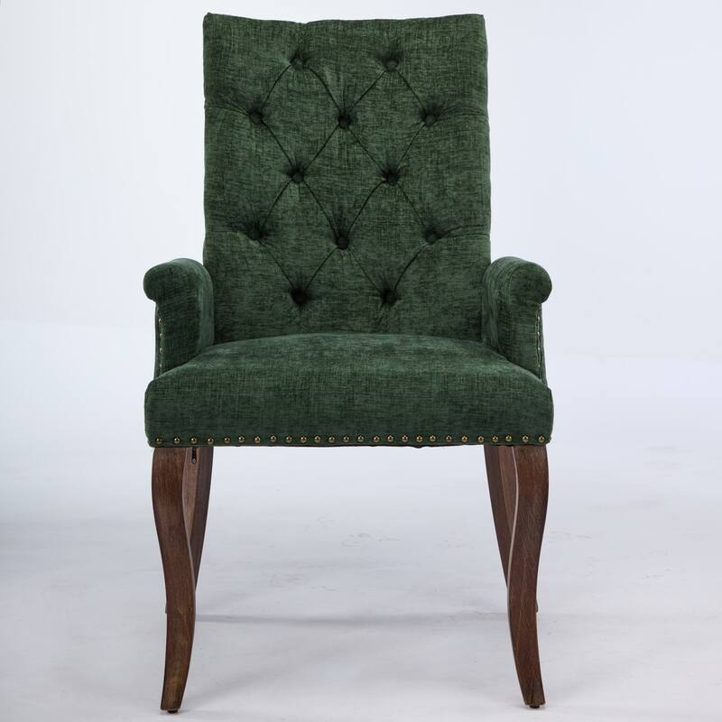 Upholstered Chenille Dining Chairs, Tufted Accent Armchairs with Curved Solid Wood Legs, Dining Room Arm Chair