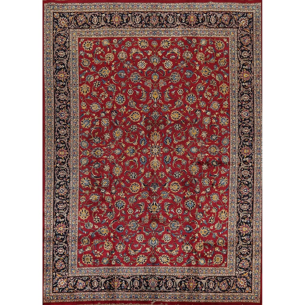 Vegetable Dye Red Kashan Persian Vintage Rug Hand-Knotted Wool Carpet - 9'8"x 12'3"