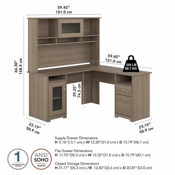 dimension image slide 9 of 10, Cabot 60W L-Shaped Desk with Hutch and Storage by Bush Furniture