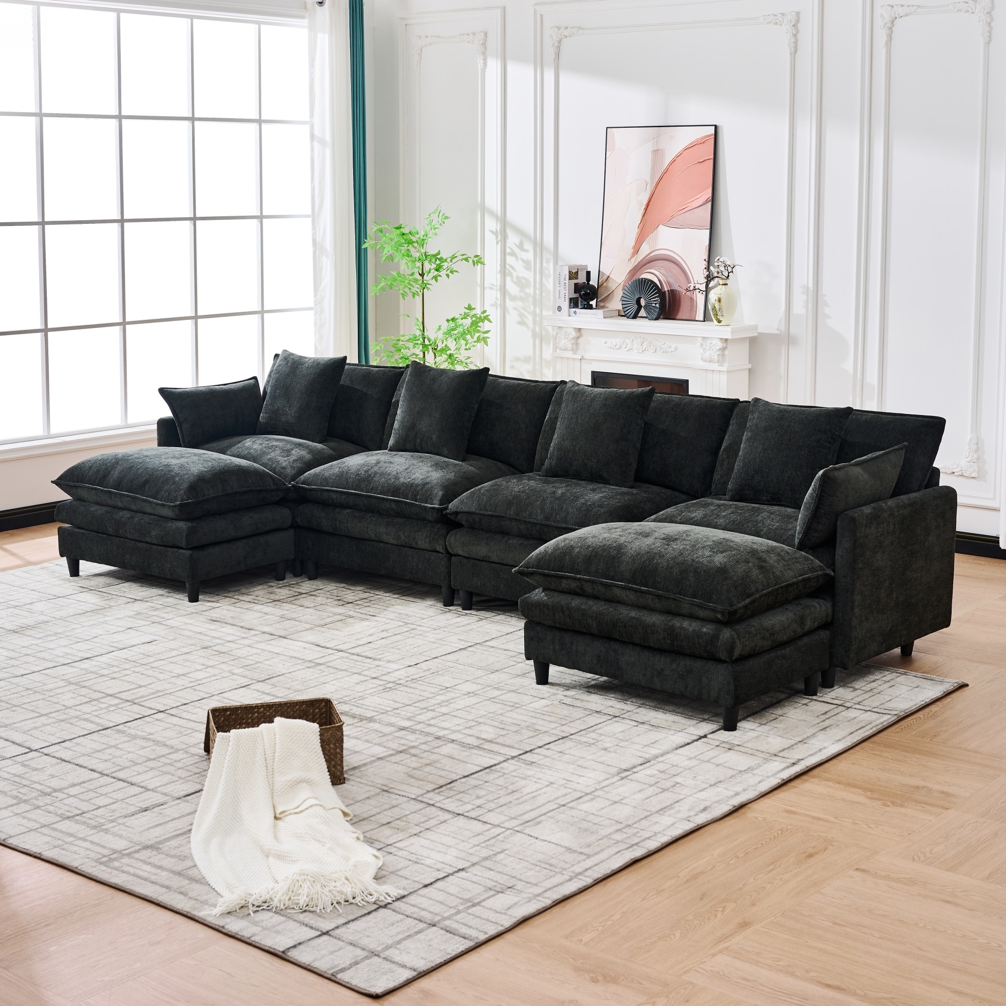 U-Shaped Modular Sectional Sofa, Comfy Deep Seat Cloud Couch with 2 Movable Ottomans, Large 4 Seat Sofa with Pillows
