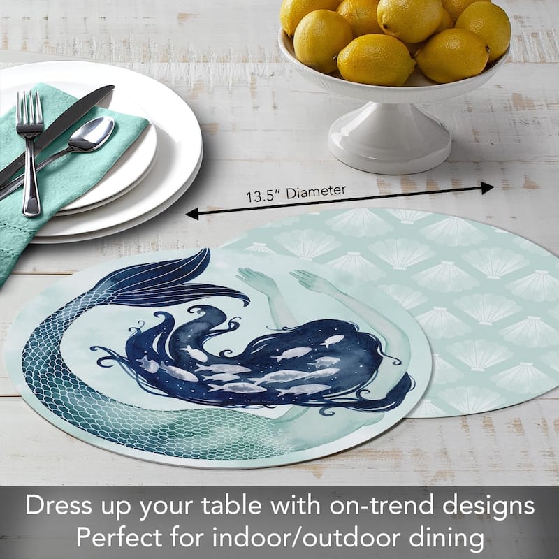Mermaid Scales 4 Pack Round Reversible Easy Care Flexible Plastic Placemats Made in The USA Reversible, Flexible, Wipes Clean