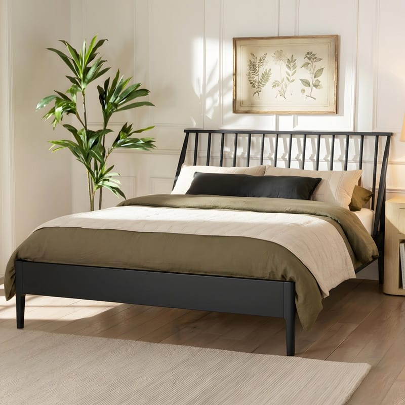 Bohemian Bamboo Spindle Platform Bed Frame with Wooden Slats and Metal Support, No Box Spring Needed, Low Profile Wingback Bed - Black - King