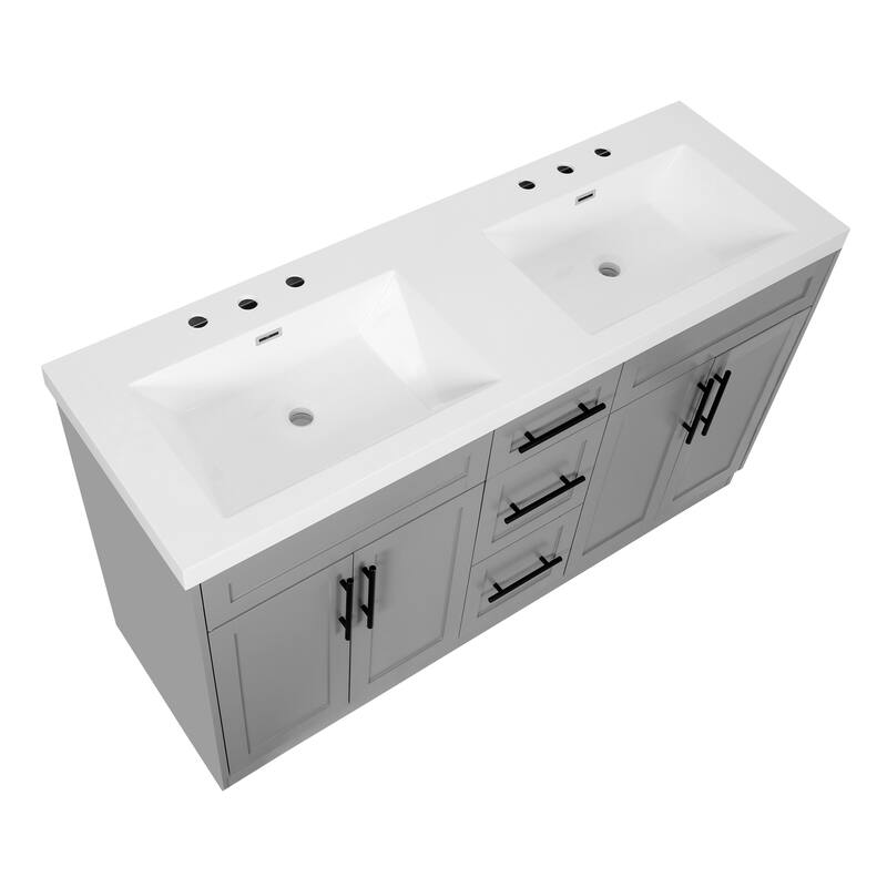 59" Double Sink Bathroom Vanity with SMC Top, Solid Wood Frame & Soft Close Doors, Gray Storage Cabinet
