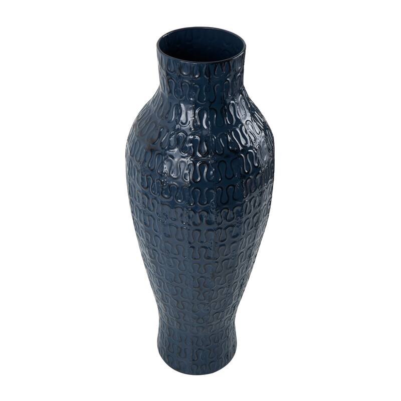Dark Blue Metal Dimensional Textured Decorative Vase with Wavy Pattern