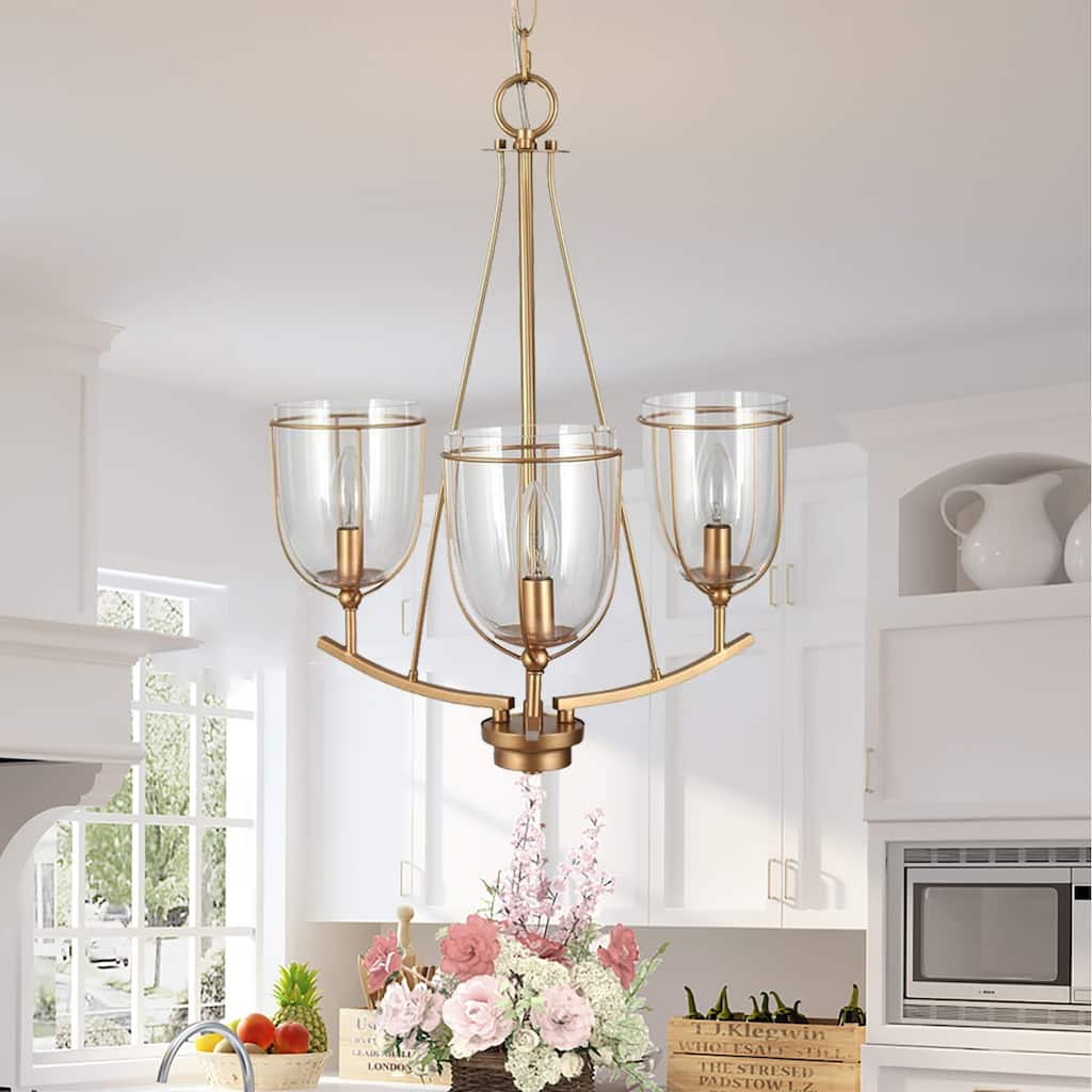 Modern 3-Light Goblet Glass Chandeliers Gold Frame Hanging Lights for Dining Room - D19'' x H82''