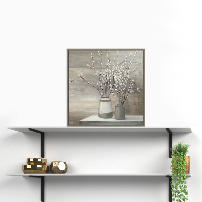 Canvas Art Framed 'Willow Still Life Gray Pots' by Julia Purinton - Black