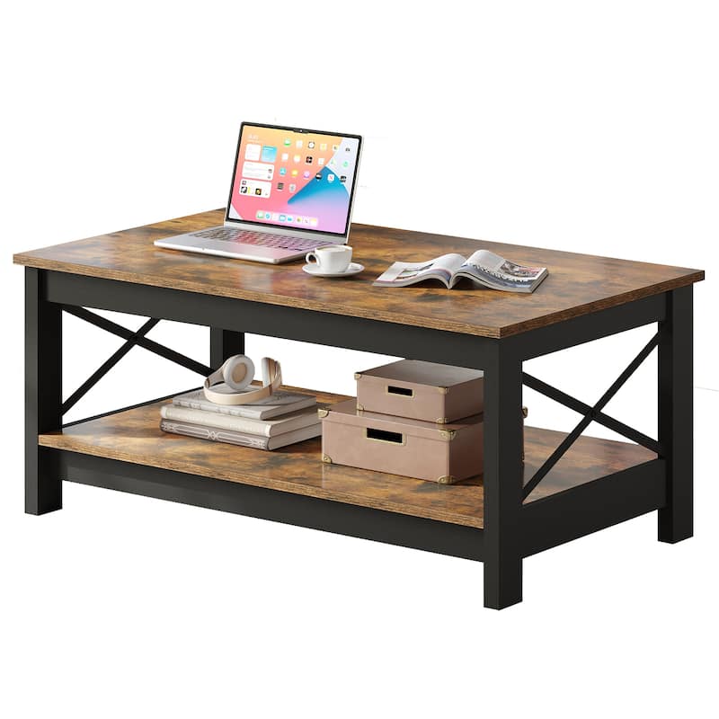 Farmhouse Wood Accent Coffee Table with Large Storage Shelf