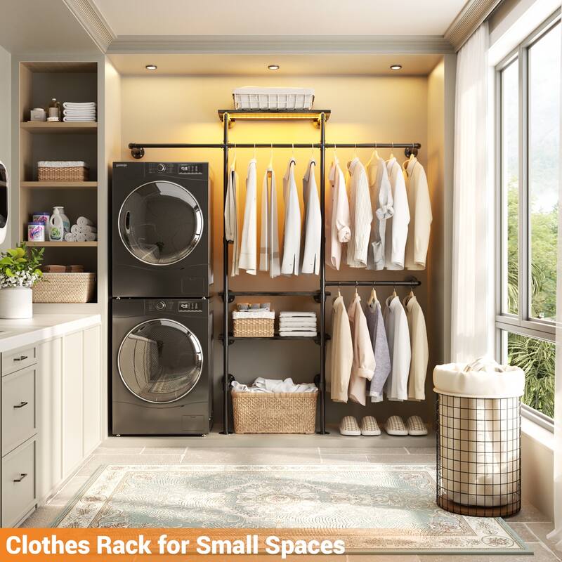 87"W Industrial Pipe Clothing Racks with LED Lights & Open Shelves,Reversible Walk-in Closet Oraganizer System Garment Racks