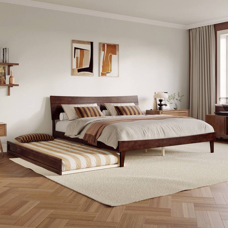Phoenix Wood Platform Bed with Trundle - Walnut - King