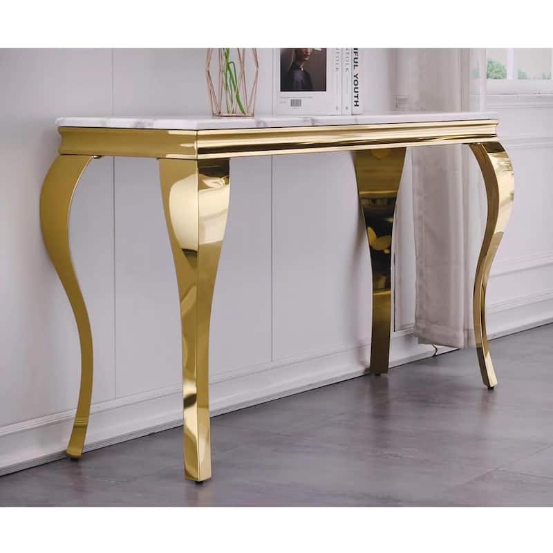 Luxury White and Gold Console Table with Polished Gold Cabriole Legs - Marble - White