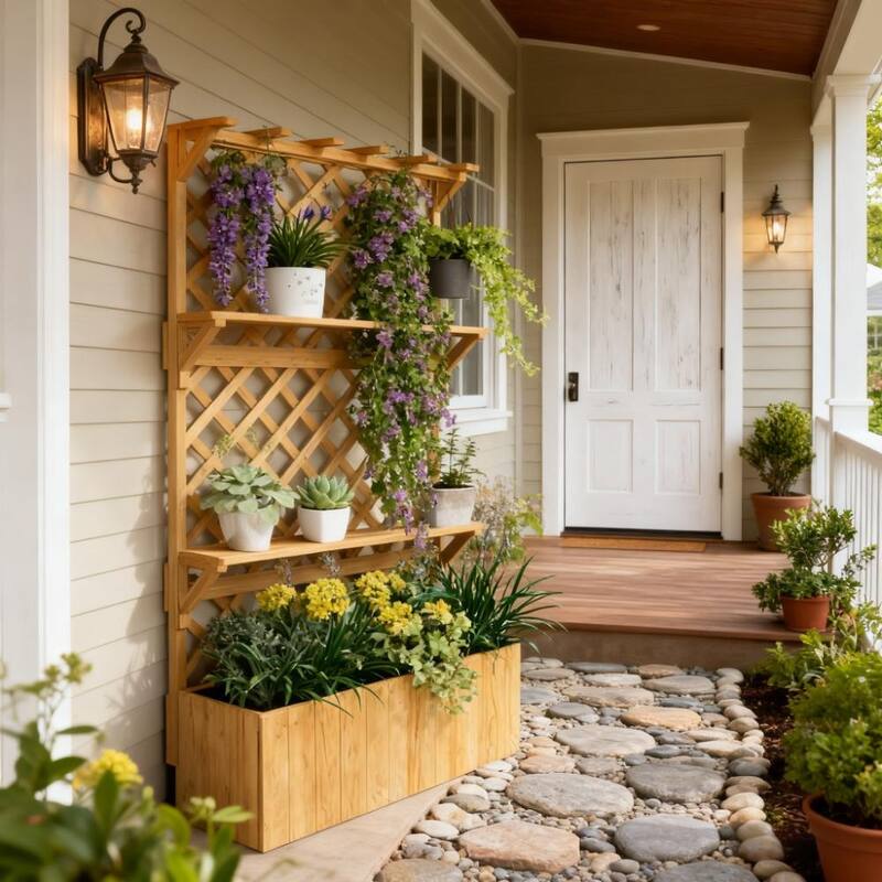 Wooden Multi-Functional Planter Box with Trellis Roof and Shelves