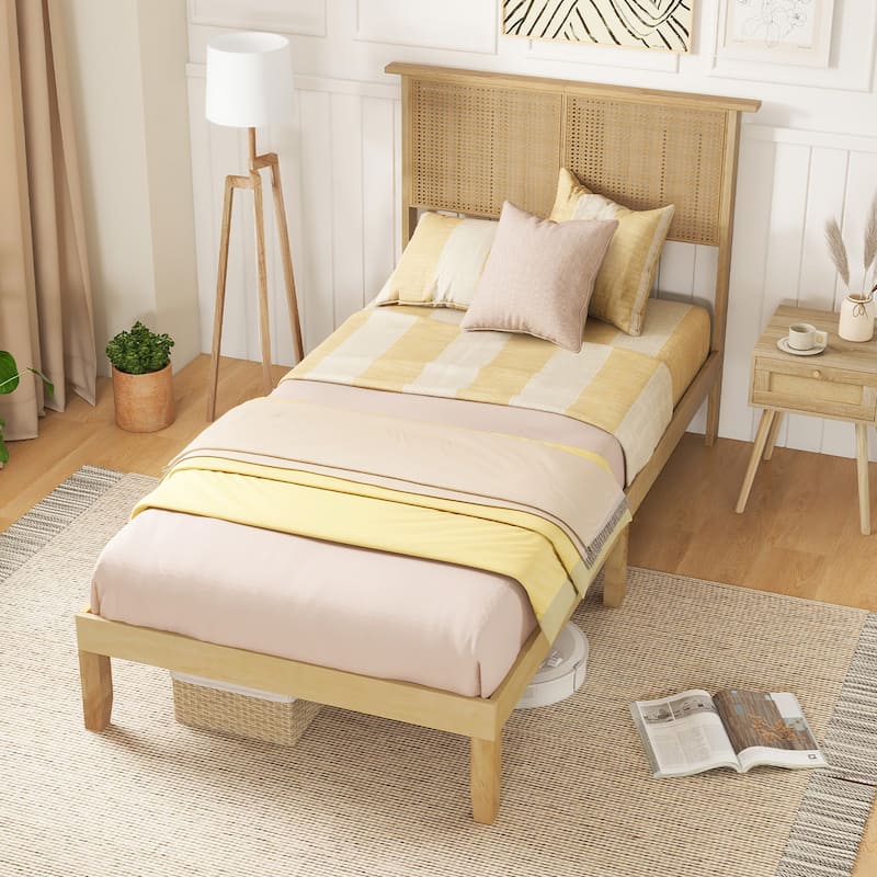 Gymax Twin/Full/Queen Size Bed Frame w/ Rattan Headboard 10 Solid Wood
