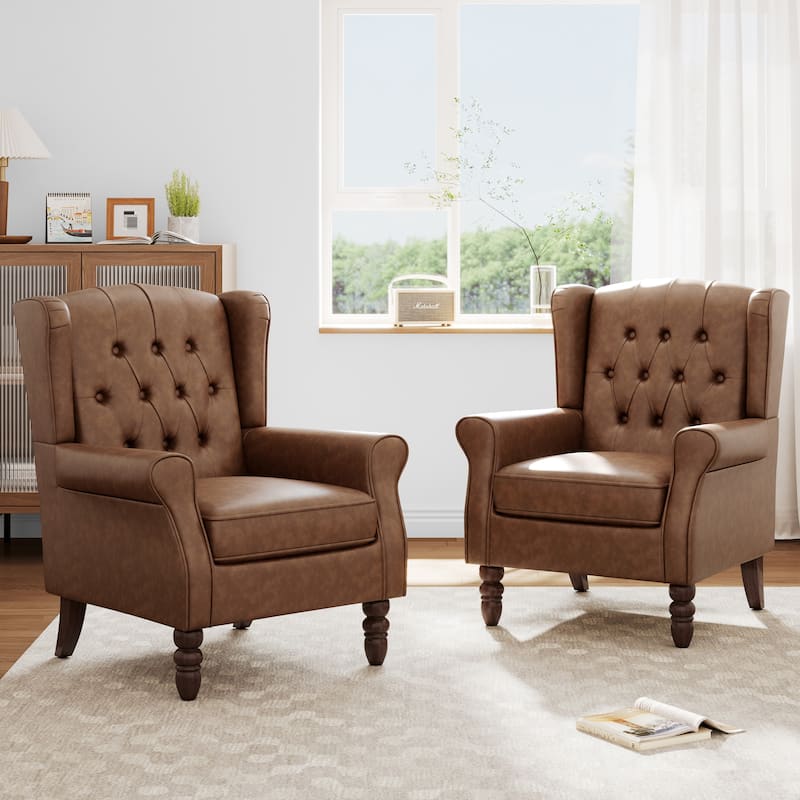 Set of 2 Vegan Leather Upholstered Button Tufted Accent Chair - Brown
